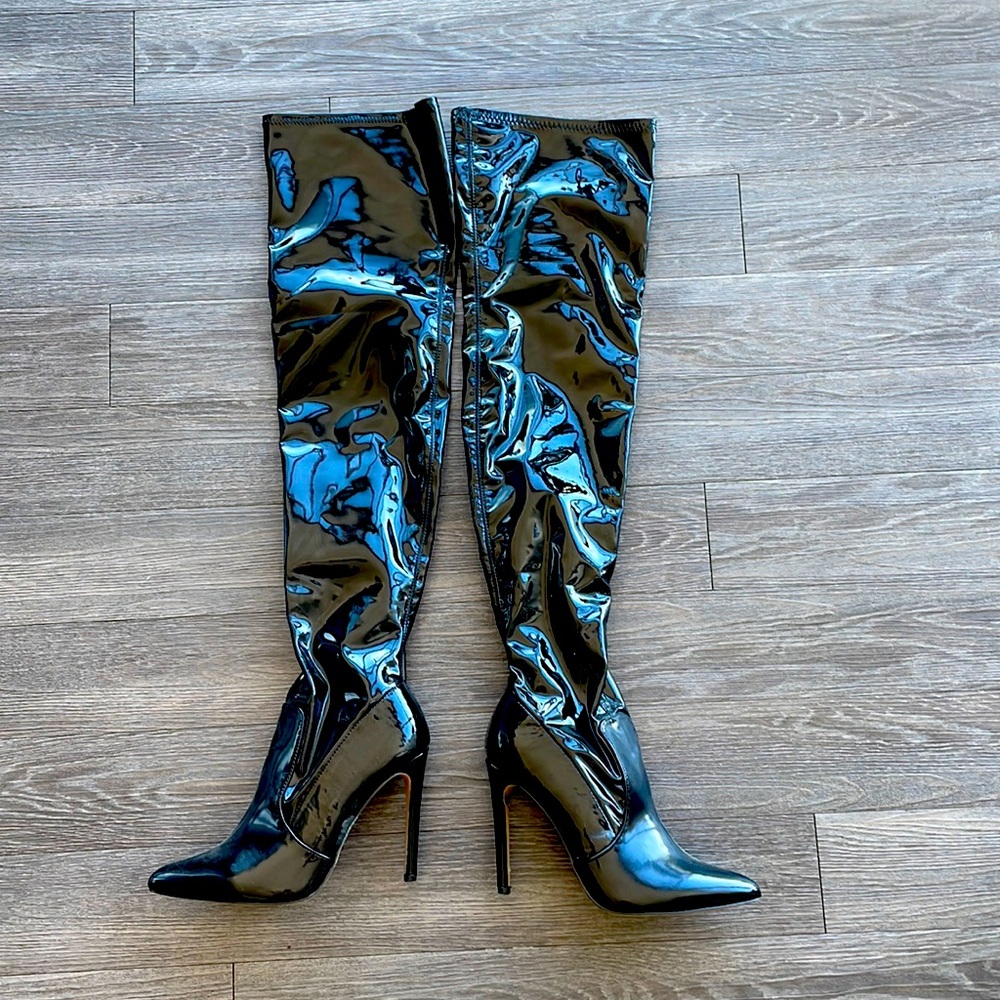 Pleather over the knee latex style boots